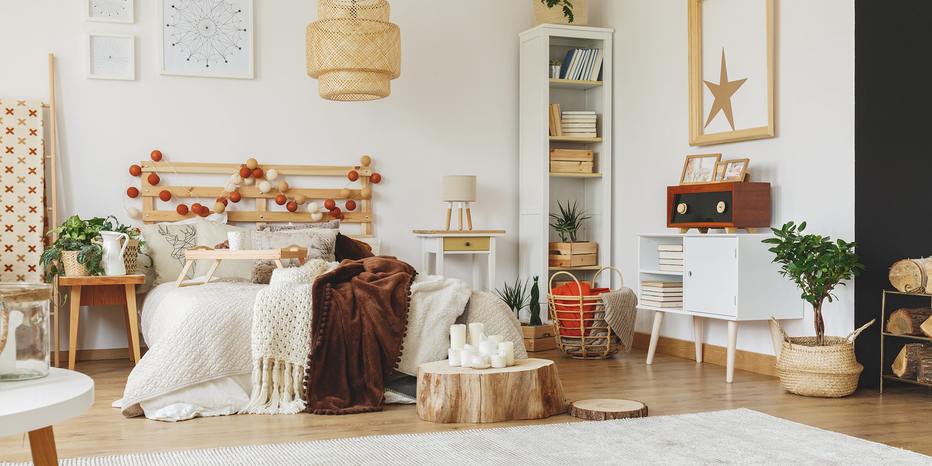 Spacious interior of scandi bedroom