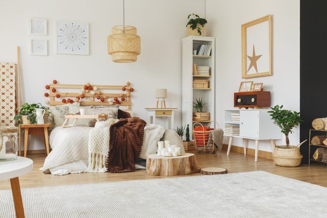 Spacious interior of scandi bedroom
