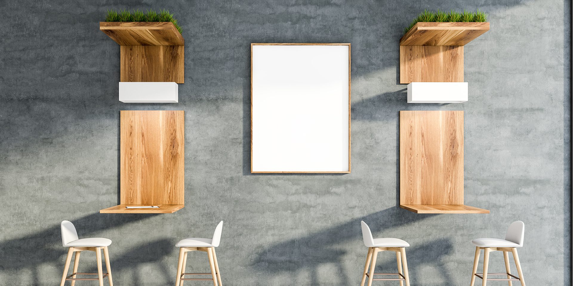 Minimalistic cafe interior with poster