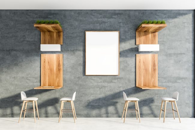 Minimalistic cafe interior with poster